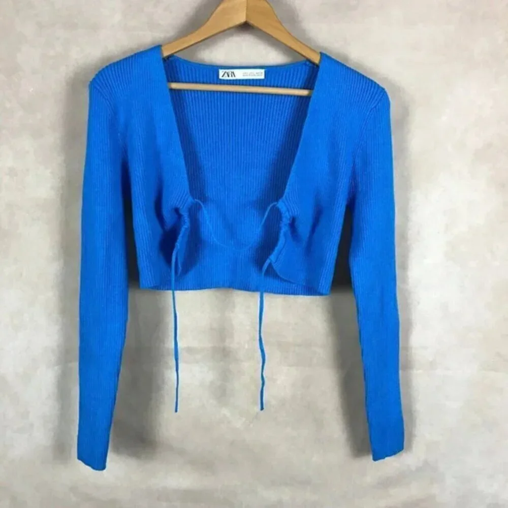 ZARA Blue Tie Front Rib Knit Crop Top Size Large
